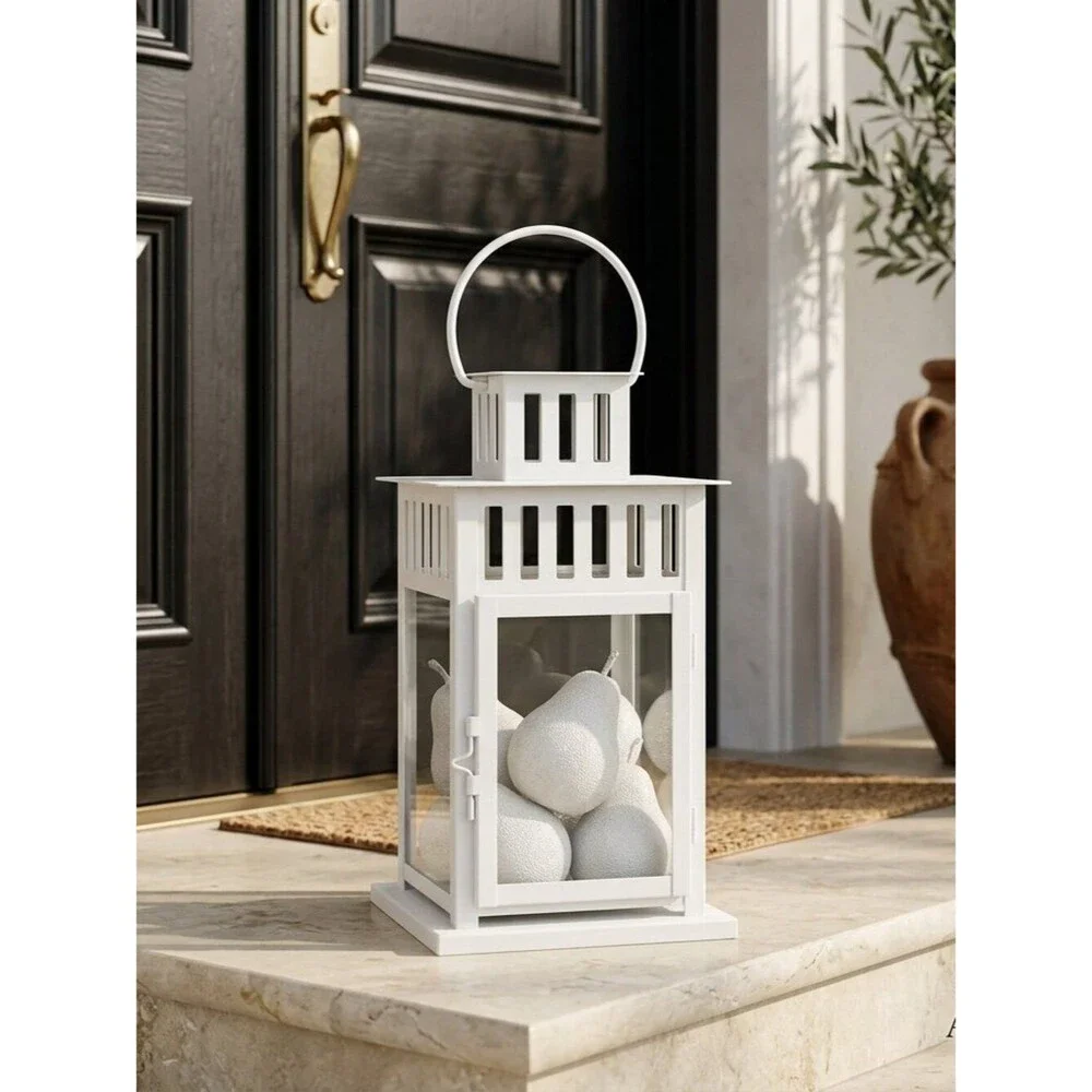 White Lantern Candle Holder With Silver Beaded Pear